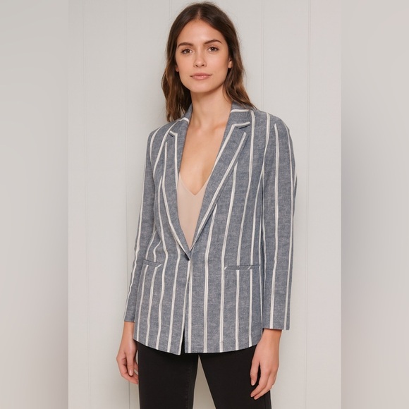 Drew Viscose Linen Blend Striped Blazer Jacket Blue White Size XS NWT - Picture 1 of 9